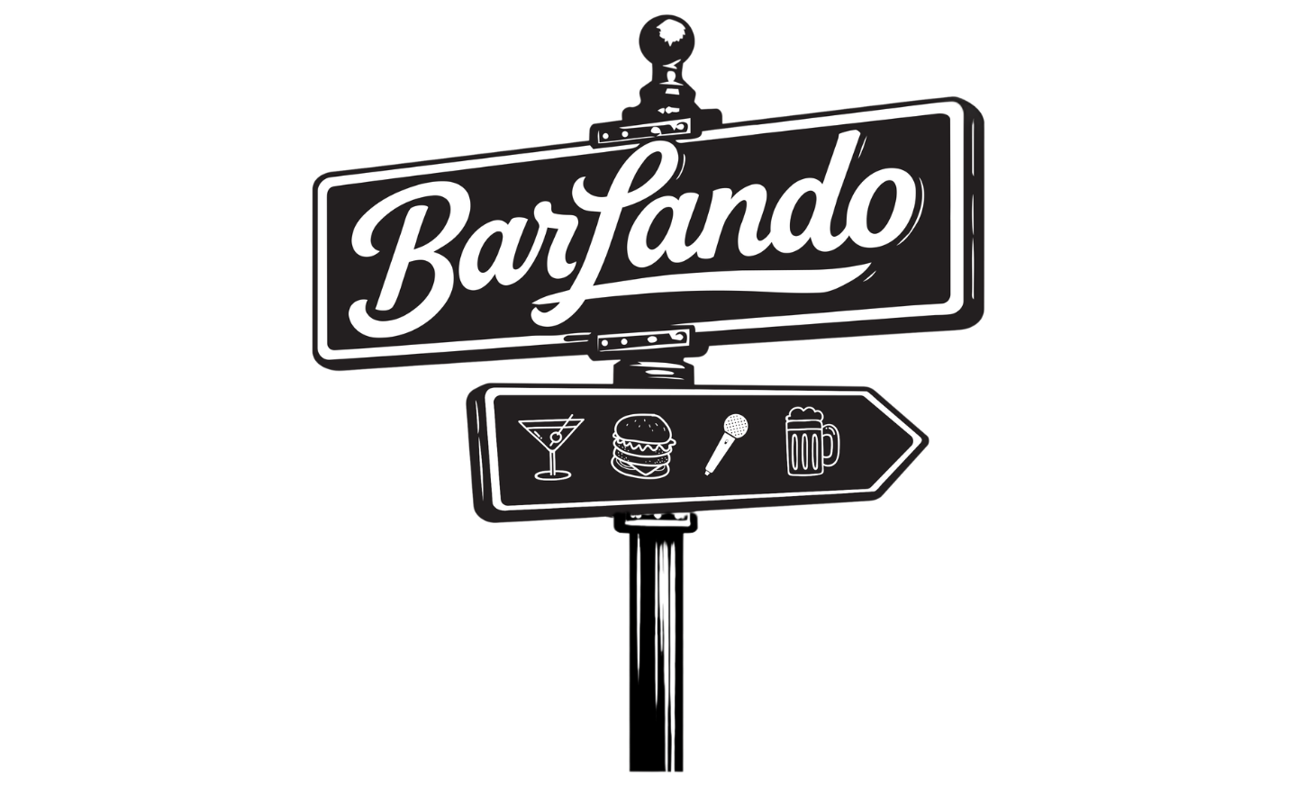 Barlando sign with cocktail, burger, microphone, and beer icons